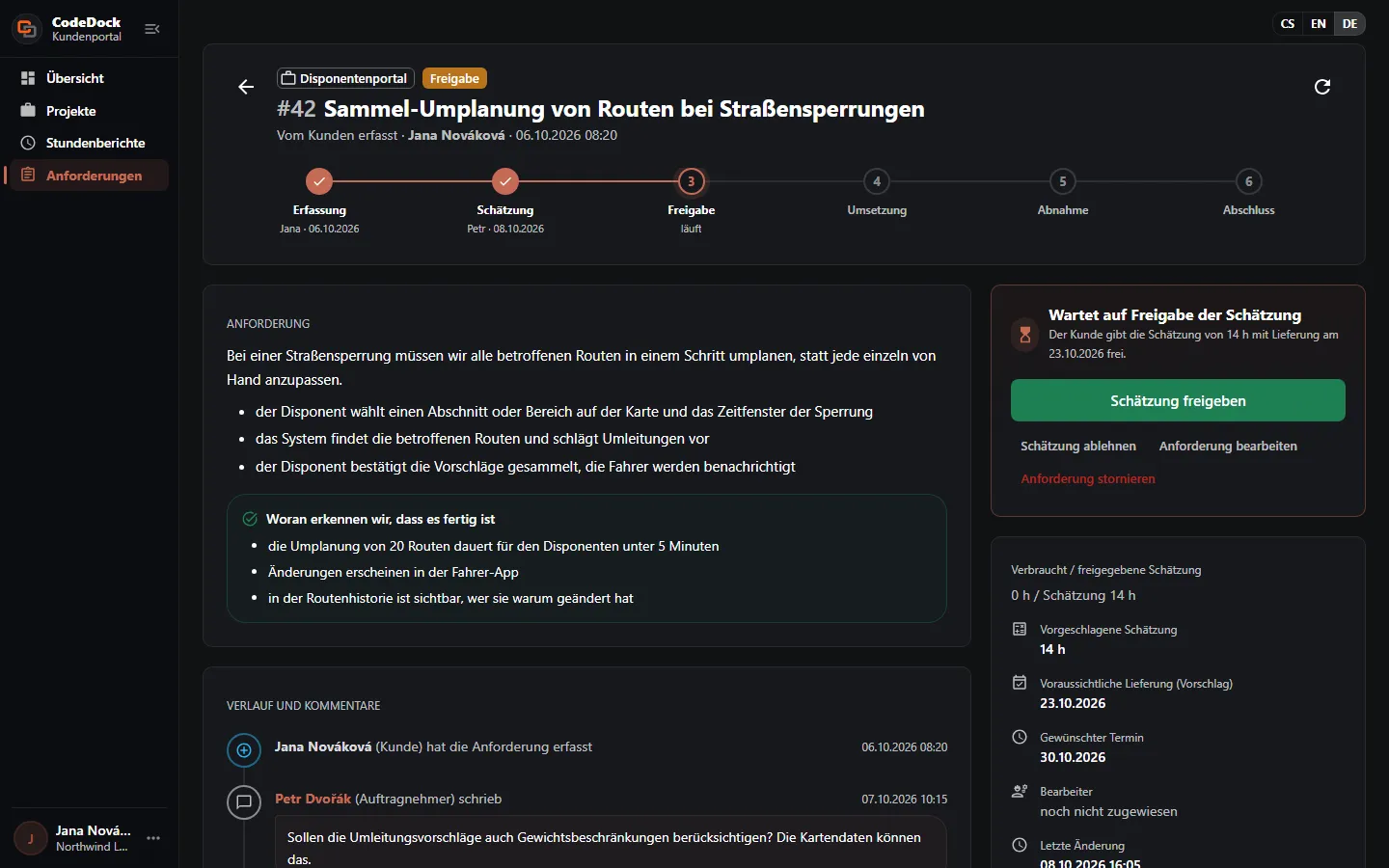 CodeDock-Kundenportal – Anfrage mit Schätzung von 14 Stunden und Liefertermin wartet auf Freigabe (Demodaten)