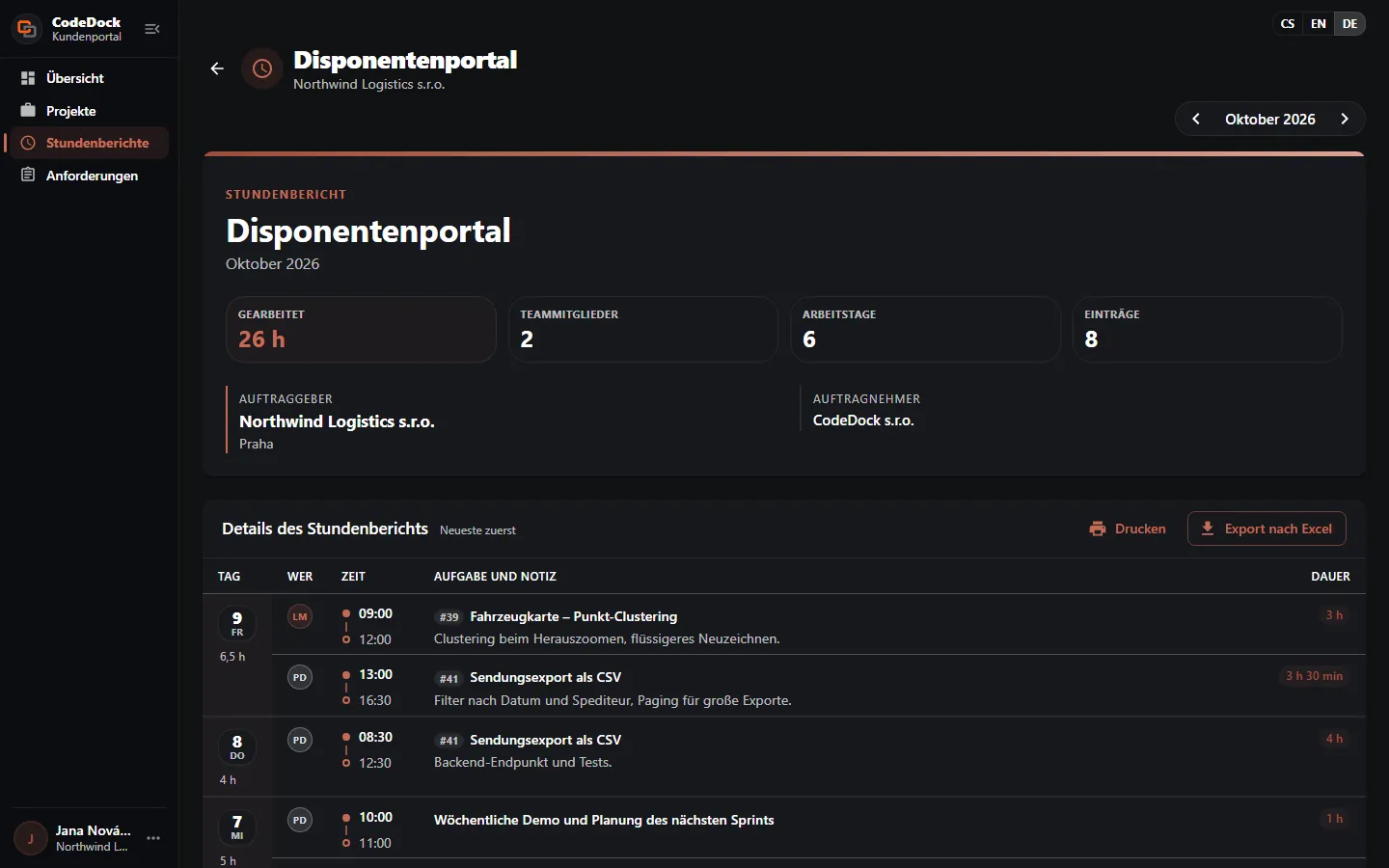 CodeDock-Kundenportal – monatlicher Stundennachweis eines Projekts mit Einzeleinträgen (Demodaten)